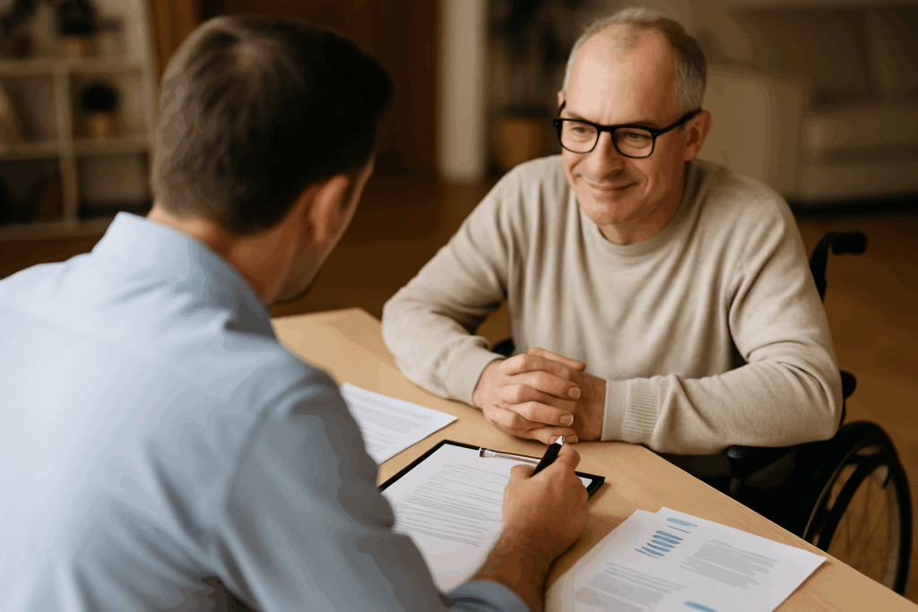 an elderly man discussing aged care consulting fees